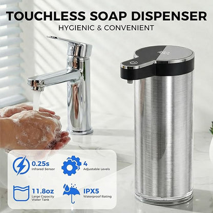 Automatic Foaming Soap Dispenser Touchless, Stainless Steel Hand Soap Dispenser, USB Rechargeable, 4 Adjustable Levels, 11.8oz/350ml for Kitchen and Bathroom (Stainless Steel Black, Foam)