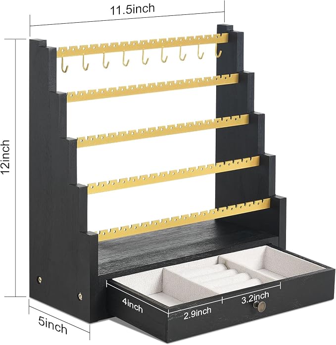 Pinzoveco Earring Organizer, 5 Layer Earring Holder Organizer with Metal Necklace Holder Pole, Rustic Wood Jewelry Organizer Stand Display for Stud Earring Bracelet Necklace Ring, 175 Earring Holes