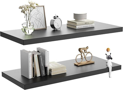 JPND Wall Shelf Set of 2, Black Floating Shelves 24 in W x 10 in D x 1 in H, Wooden Floating Wall Shelf with Invisible Brackets for Living Room/Bedroom/Bathroom/Kitchen Storage and Decor