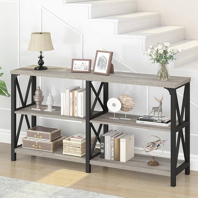 IBF Long Entryway Console Table, Industrial Metal Wood Entry Table with Storage Shelves, Modern Rustic 3 Tier Sofa Table for Entry Way Hallway Behind Couch Living Room Bedroom, Light Grey Oak, 63 Inch