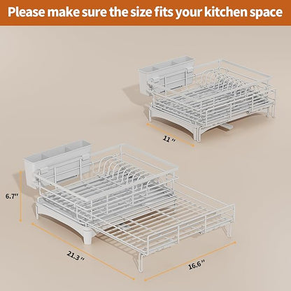 Laveshop Dish Drying Rack - Expandable Rack, Large Capacity Dish Drainer for Kitchen Counter, Rust-Proof with Utensil Holder, Gray