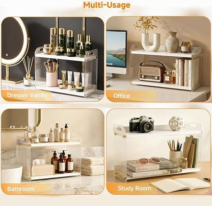 2 Tier Coffee Station Organizer - Acrylic & Pine Wood coffee bar shelf, Easy-to-Clean matcha station for Kitchen Countertops, for Placing Mugs, Coffee Beans, Syrup etc.(15.75" x6.18" x 9.37") - White