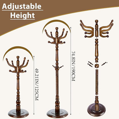 Solid Wooden Coat Rack Stand, Coat Racks Freestanding with 14 Hooks, Natural Birch Wood Coat stands with Sturdy Round Base, Tree Coat Hanger Standing for Entryway Bedroom Office (Walnut disc)
