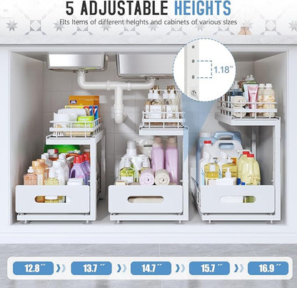Under Sink Organizer Upgrade To Professional Rails,2-Tier Dual Pull Out Cabinet Storage,Height Adjustable Slide Out Drawers For Bathroom Kitchen,2 Pack-18.5"Dx12.8"-16.9"H,White