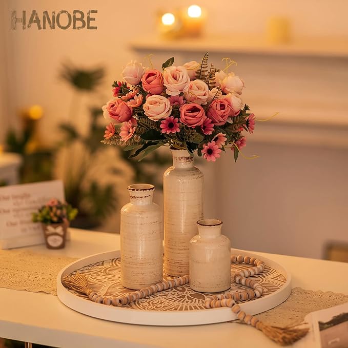 Hanobe Large Round Decorative Tray: Boho Coffee Table Trays Centerpiece for Home Decor - Farmhouse White Washed Rustic Serving for Women Kitchen Counter Ottoman