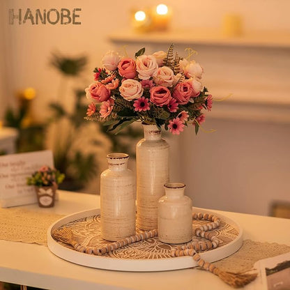 Hanobe Large Round Decorative Tray: Boho Coffee Table Trays Centerpiece for Home Decor - Farmhouse White Washed Rustic Serving for Women Kitchen Counter Ottoman