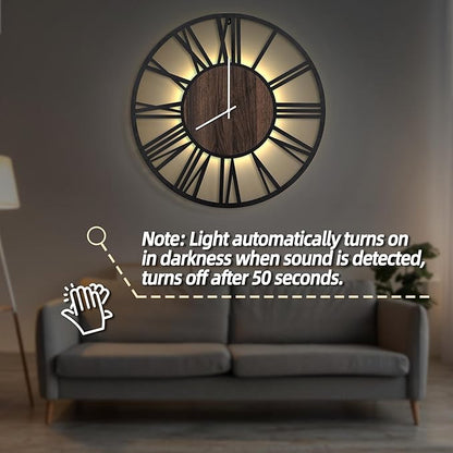 LEIKE Large Wall Clocks with Night Light Battery Operated,Silent Non Ticking,Rustic Modern Big Wood Clock for Living Room, Bedroom,Kitchen,Farmhouse,Office,Home Decor-30 Inch(Roman Numerals)
