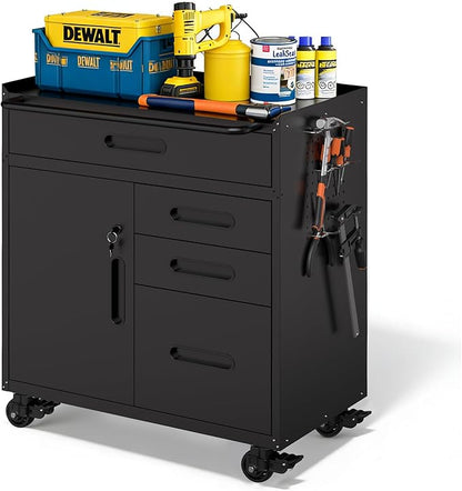 Metal Garage Storage Cabinet with Wheels, Rolling Tool Cabinet with 4 Drawers and 1 Door, Heavy Duty Tool Cabinet with Workbench, Assembly Required, Black