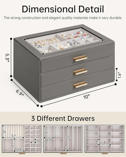 AKOZLIN Jewelry Box with Clear Lid Functional Leather Jewelry Storage Organizer Case 3 Drawers for Women Girls Necklace Ring Bracelet Earring