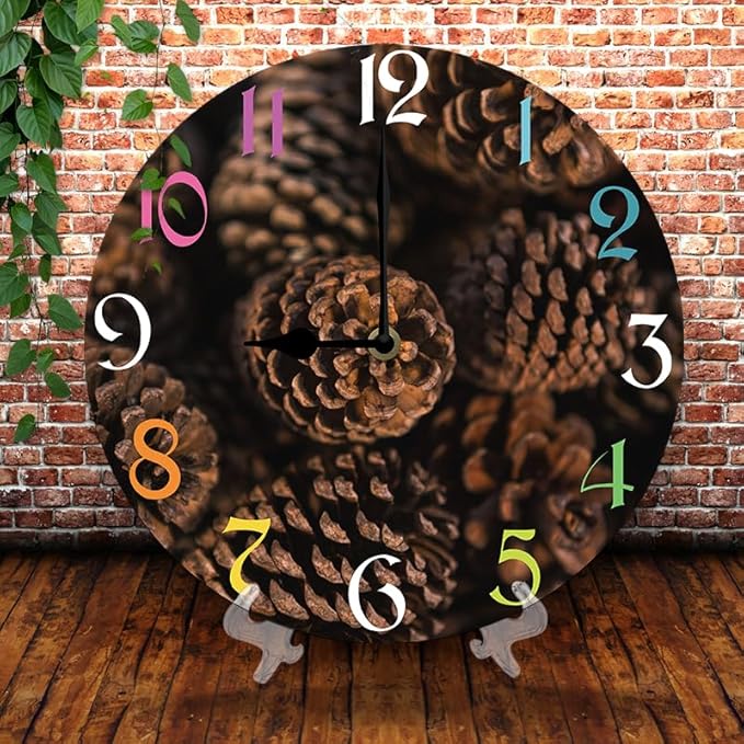 Pinecone Wall Clock 10 Inch Wooden Battery Operated Autumn Forest Maple Leaves Wall Clocks Decorative Indoor,Decorative for Kitchen Bathroom Bedroom
