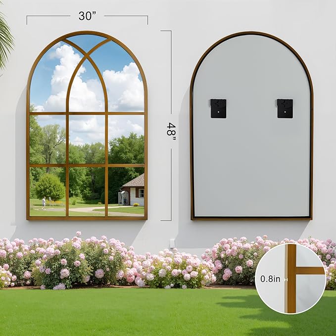 Arched Window pane Wall Mirror 30"x48", Window Shaped Farmhouse Style with Aluminum Frame, Decorative Wall Mirror Leaning Hanging for Living Room, Courtyard, Bedroom, Entryway, Bronze