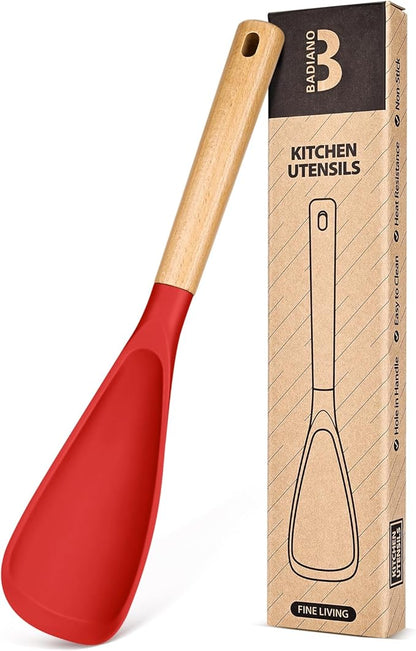 Cooking Spoon for Nonstick Cookwares, Great for Cooking and Serving Sturdy BPA-Free Matte Silicone, Wood Handle Spoon for Mixing, Scoop, and Scrape (RED, 13.4 inch)