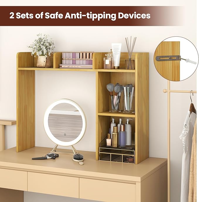 Desk Hutch, Desktop Shelf with 5 Shelves, Desk Bookshelf w/Anti-Toppling Devices, Wood Table Top Bookshelf Organizer, Small Desk Shelf for Study, Office, Dorm (Burlywood, 5 Shelves)