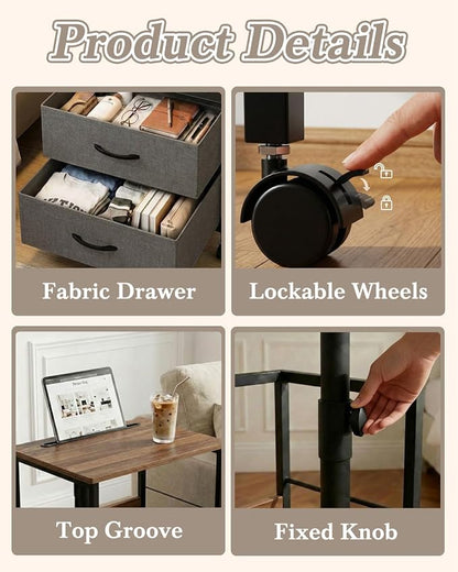 Faesun Swivel Lift Top Nightstand with Charging Station, Rolling Side Table for Recliner, Bedside Table with Wheels & 2 Fabric Drawers, for Small Spaces, for Bedroom, Living Room, Walnut Gray
