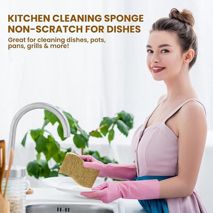 Natural Kitchen Sponge –12-Pack Biodegradable Sponges for Dishes –Compostable Dish Washing Scrubbers – Eco Friendly Non-Scratch Cellulose & Coconut Husk Scrubber Sponges for Cleaning