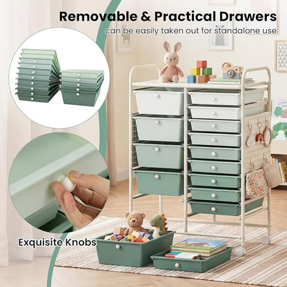 GOFLAME 15-Drawer Rolling Storage Cart with Pegboard, Craft Storage Cart with Lockable Wheels and Metal Frame, Art Cart Supply Storage Organizer for Home Office Classroom, Green Gradient