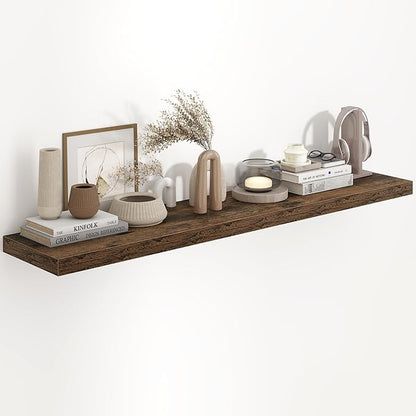 Fun Memories 55 Inch Long Floating Shelves for Wall, 55x9.3 Large Floating Shelf for Bedroom, Kitchen, Bathroom, Wall Mounted Rustic Wood Shelves with Invisible Bracket for Books, Decor, Rustic Brown