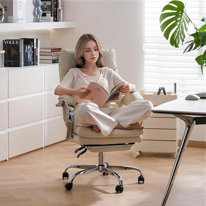 LEAGOO Heated Massage Office Chair with Foot Rest, Reclining Ergonomic Executive Office Chair with Massager for Lower Back, High Back PU Leather Comfy Heated Computer Desk Chair with Wheels, White
