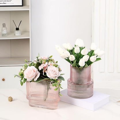 Pink Glass Vases, Set of 2 Ribbed Vases for Flowers, Pink Vase for Tulips, Modern Glass Vase for Living Room, Dining Table, Office, Entryway, Mantle, Bookshelf, Wedding Gifts