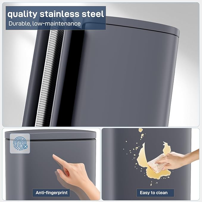 Arlopu 8 Gallon Step Trash Can, Stainless Steel Garbage Bin, Soft-Close Rubbish Bin with Removable Plastic Inner Bucket, Fingerprint-Proof, Lid Dustbin, Suit for Kitchen Home (Grey, 30L)