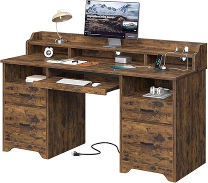 Bestier Farmhouse 59" Executive Desk with Drawers, Wood Computer Desk with Charging Station, Home Office Desk with Keyboard Tray & Monitor Stand, Sturdy Pedestal Desk for Work Study, Rustic Brown