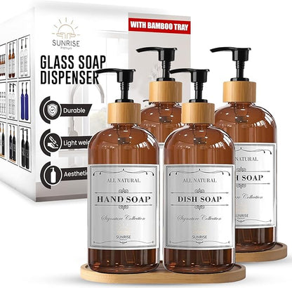 Sunrise Premium 16 OZ Thick Amber Glass Soap Dispenser, Bamboo Pump with Tray 4 Pack, Hand and Dish Soap Dispenser Set for Bathroom with 12 Waterproof Labels