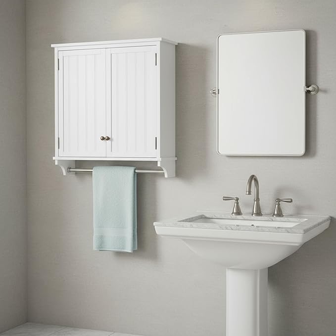 Dover 27” x 29” Wall Mounted Bathroom Storage Cabinet with Shaker Beadboard Doors, Two Adjustable Shelves and a Towel Bar – White Wall Cabinet for Bathroom, Laundry, or Entryway by Alaterre Furniture