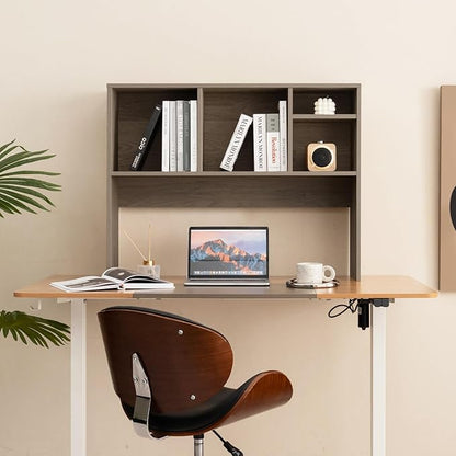 Desk Hutch, Desktop Shelf with 4 Shelves, Desk Bookshelf w/Anti-Toppling Devices, Wood Table Top Bookshelf Organizer, Small Desk Shelf for Study, Office, Dorm (Grey, 4 Shelves)
