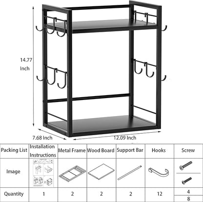 Dorhors 2 Tier Coffee Bar Accessories and Organizer,Multi-functional Mug Holder with 12 Hooks,Wood Coffee Station Organizer,Kitchen Countertop Shelf (Black)