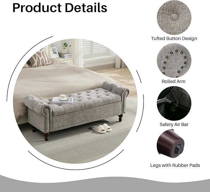 58.1" Storage Bench Upholstered Chenille End of Bedroom Bed Bench Ottoman with Tufted Cushioned Rolled Arm Large Storage Space for Reading Living Room Entryway, Light Grey