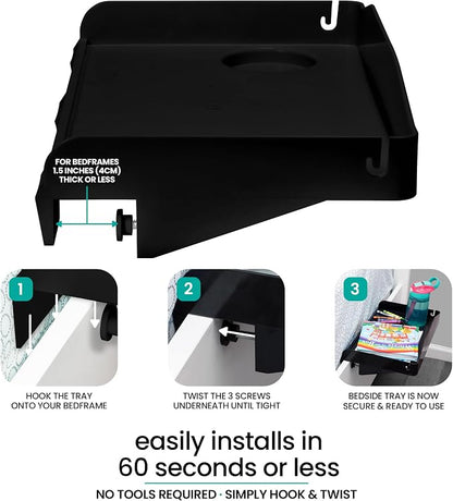 Modern Innovations 2 Count Bedside Organizer for Bed – Clip On Tray with Cup & Cord Holder – for College Dorm, Top Bunk, or Kids Bedroom (Black)