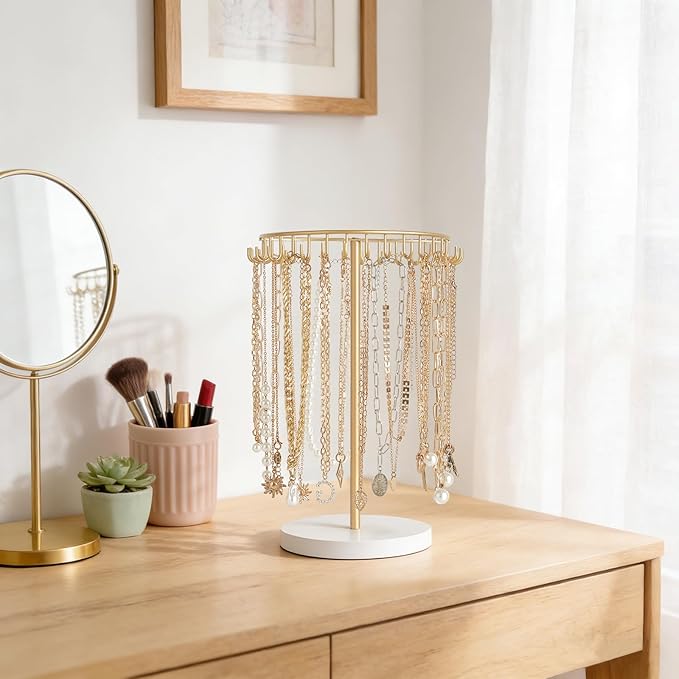 Mkono Necklace Holder Metal Jewelry Display Stand Necklace Organizer with 30 Hooks for Storage and Hanging Bracelet Keychain Home Room Decor for Women,Gold