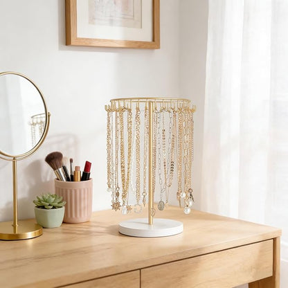 Mkono Necklace Holder Metal Jewelry Display Stand Necklace Organizer with 30 Hooks for Storage and Hanging Bracelet Keychain Home Room Decor for Women,Gold