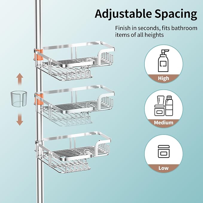 KEGII Shower Caddy Tension Pole – Corner Rustproof Bathroom Organizer with Soap Holder & Hooks, No-Drill Adjustable Shower Shelf for Renters for Families & Renters, 25-114.2 Inch, Silver