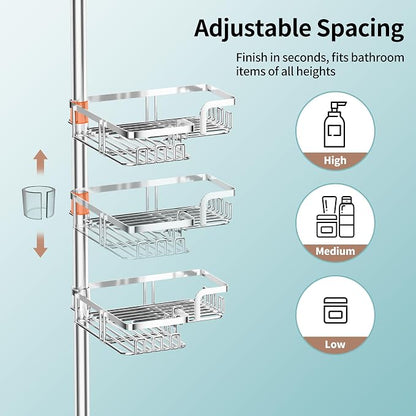 KEGII Shower Caddy Tension Pole – Corner Rustproof Bathroom Organizer with Soap Holder & Hooks, No-Drill Adjustable Shower Shelf for Renters for Families & Renters, 25-114.2 Inch, Silver