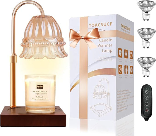 TOACSUCP Candle Warmer Lamp with 3 Bulbs, Adjustable Height Dimmable Candle Warmer with Timer, Compatible with Large Jar Candles, Flower Candle Warmer with Charming Gift Box Ribbon(Light Brown)