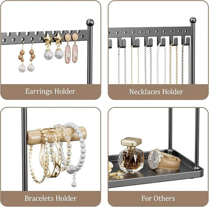 3 Tier Black Jewelry Stand, Necklace Organizer, Earring Holder with 44 Holes and 9 Hooks, for Necklaces, Bracelets, Rings