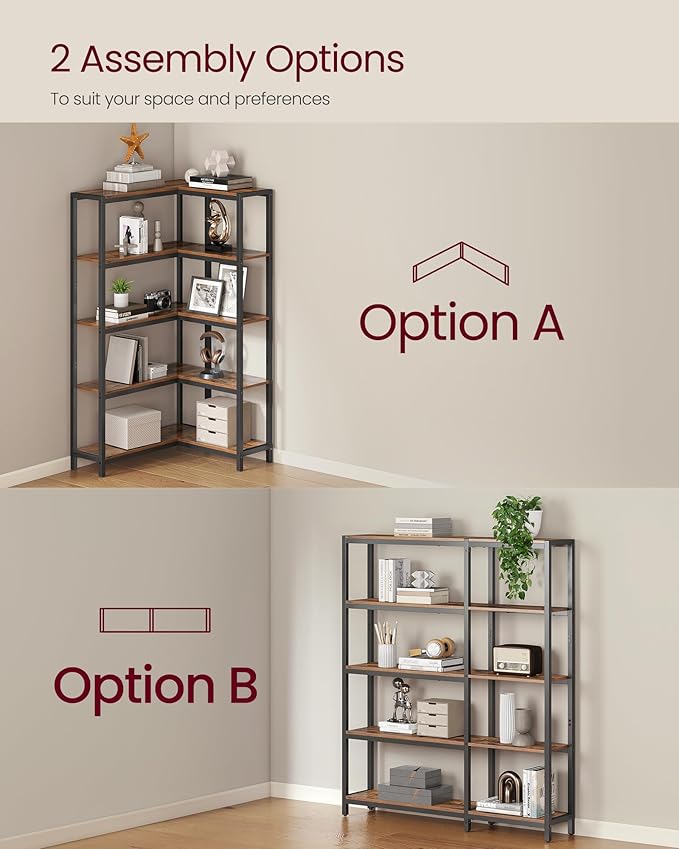 VASAGLE 5 Tier Bookshelf with Metal Frame, Convertible Industrial Corner Shelf, 9.4 x 40.2 x 55.9 Inches, for Living Room, Bedroom, Home Office, Rustic Brown and Ink Black ULLS605KD01
