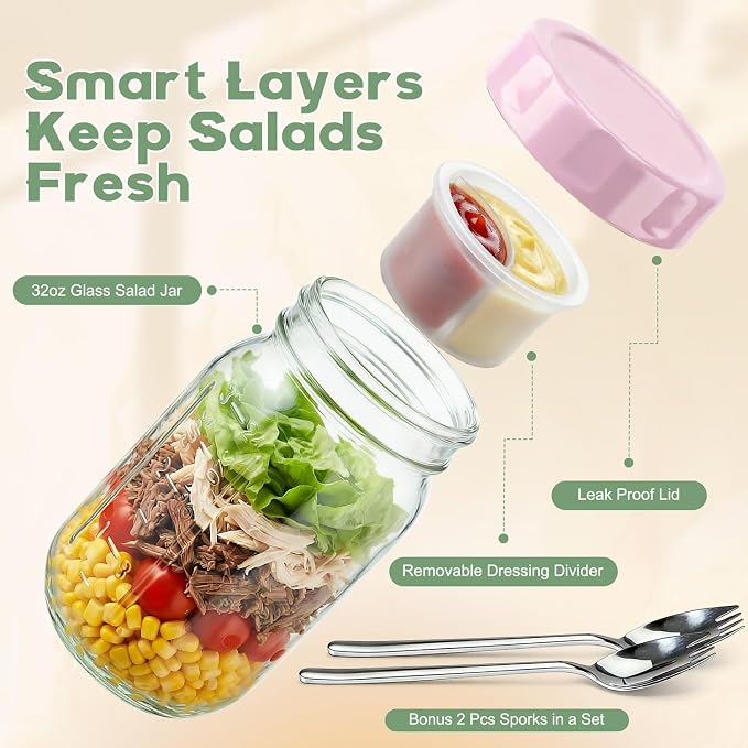 Salad Jars with Lids Meal Prep Containers Glass - 32oz Leakproof Mason Jars Salad Containers with Dressing Cup for Lunch Bentgo, Full Meal Salads Lunch Containers with Spoon Forks for Adults