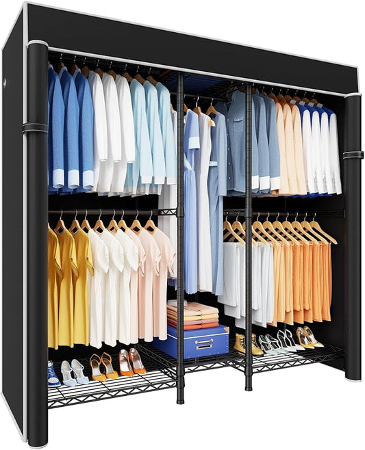 Ulif E12C Heavy Duty Closet Organizer System，Freestanding Clothing Rack, Adjustable Garment Rack 57.1" W x 16" D x 76.5" H Holds 860 lbs, Black Clothing Rack with Black Dustproof Cover
