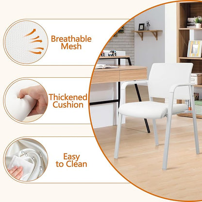 CLATINA Stacking Office Chairs | Mesh Back, Thicken Leather Seat and Arms, Ergonomic Lumbar Support | Guest Reception, Waiting, Conference, School, Party, Customer, Side, Stationary | Set of 4, White