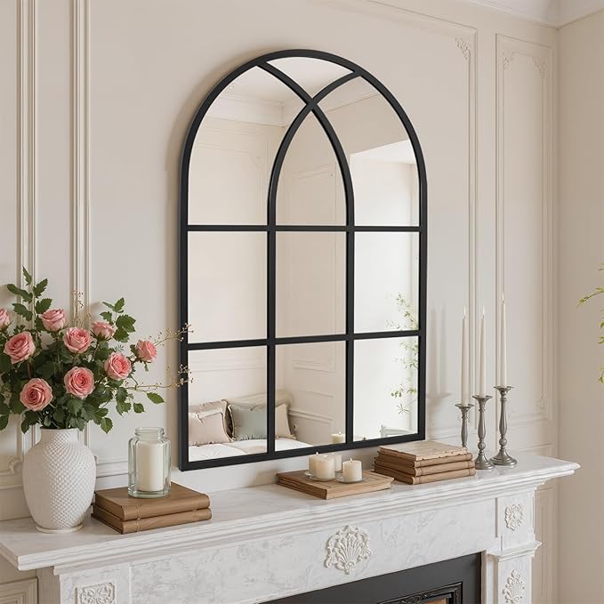 Arched Window pane Wall Mirror 24"x36", Window Shaped Farmhouse Style with Aluminum Frame, Decorative Wall Mirror Leaning Hanging for Living Room, Courtyard, Bedroom, Entryway, Black