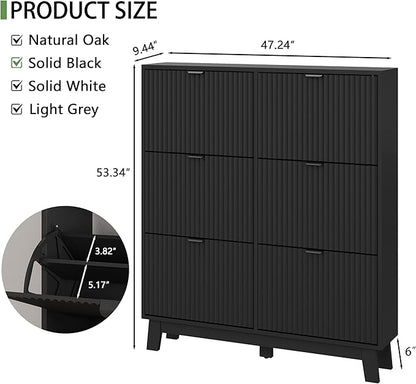 Shoe Cabinet with 6 Flip Drawers, 54" Tall Narrow Fluted Shoe Storage Organizer for Entryway, Hidden Slim Wooden Shoe Rack Cabinet for Front Door Entrance, Hallway, Living Room, Solid Black