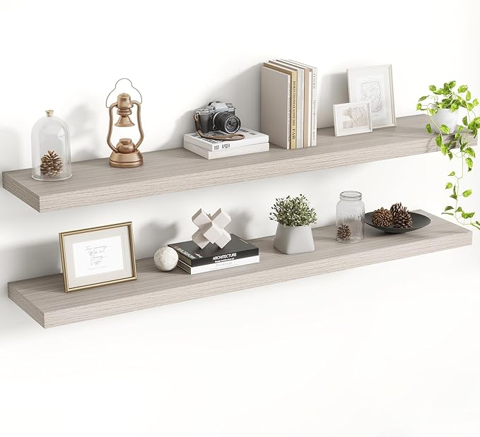Acovy 48 Inch Floating Shelves, 8 Inch Deep Floating Shelves for Wall, Hanging Shelf with Invisible Brackets, Deep Shelves for Bathroom, Bedroom, Living Room, Grey, Set of 2