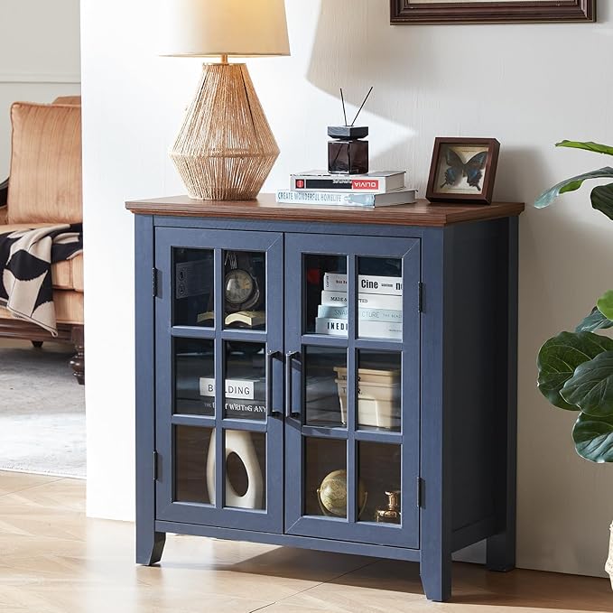 Large Sideboard Buffet Cabinet with Storage, 32" Farmhouse Kitchen Coffee Wine Bar Cabinet with 2 Glass Doors, Wood Mid Century Modern Side Board Table for Dining Room, Living Room, Navy Blue