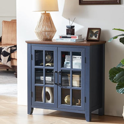 Large Sideboard Buffet Cabinet with Storage, 32" Farmhouse Kitchen Coffee Wine Bar Cabinet with 2 Glass Doors, Wood Mid Century Modern Side Board Table for Dining Room, Living Room, Navy Blue