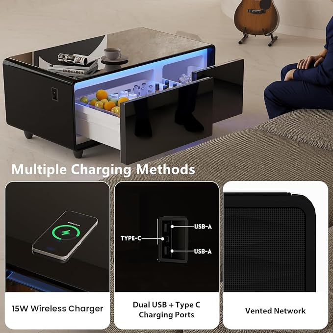 Smart Coffee Table with Fridge and Bluetooth, Smart Living Room Table with Frozen Drawers, Dual Speakers, 15W Wireless Charger, Touch Control, USB Ports, Atmosphere Light, LT90 Ultra-Black