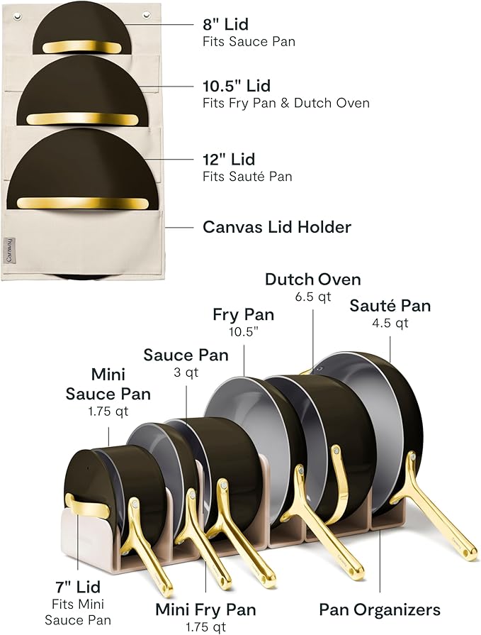 Caraway 24-Piece Nonstick Ceramic Cookware Set - Includes Fry Pans, Sauce, Sauté Pan, Dutch Oven, Petite Cooker, Stir Fry, Rondeau, Stock Pot, Lids & Storage Organizers - Black