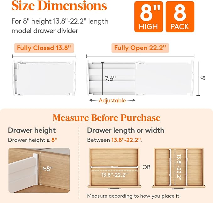 Lifewit 8" Tall 8 Pack Drawer Dividers, 13.8"-22.2" Adjustable Deep Drawer Organizer Clothes, Expandable White Plastic Separators for Dresser, Kitchen, Cabinet, Closet, Office Organization & Storage