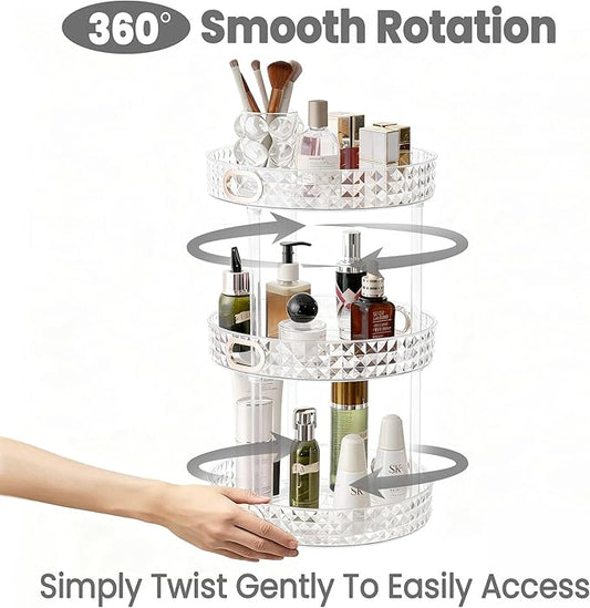 360 Rotating Makeup Organizer for Vanity, 3 Tier Diamond Pattern Perfume Organizer for Women, Large Capacity Skincare Lotion Cosmetic Organizer, Bathroom Countertop Makeup Holder, Clear